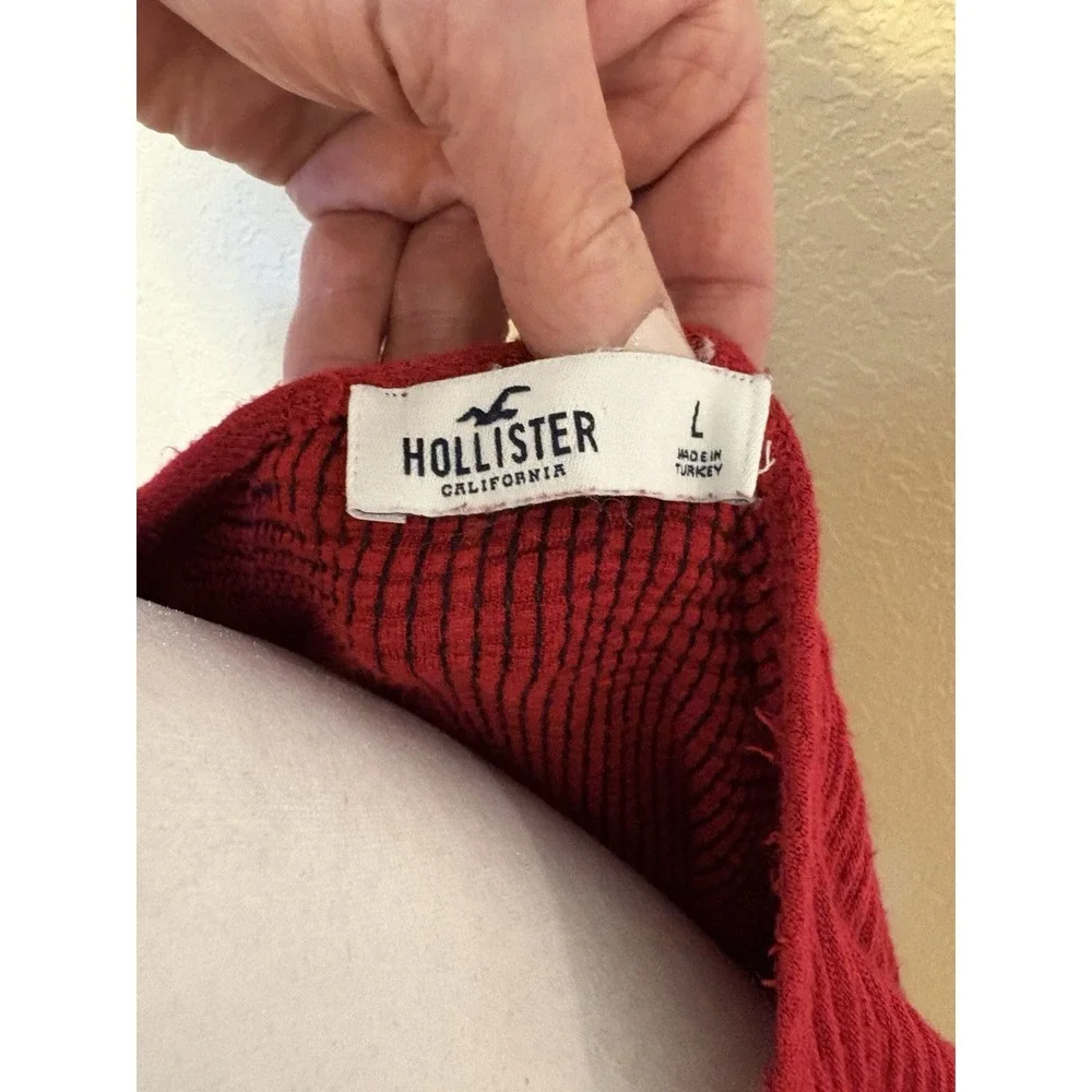 Hollister Red Textured Ruched Drawstring Cropped Top Long Sleeve Size Large